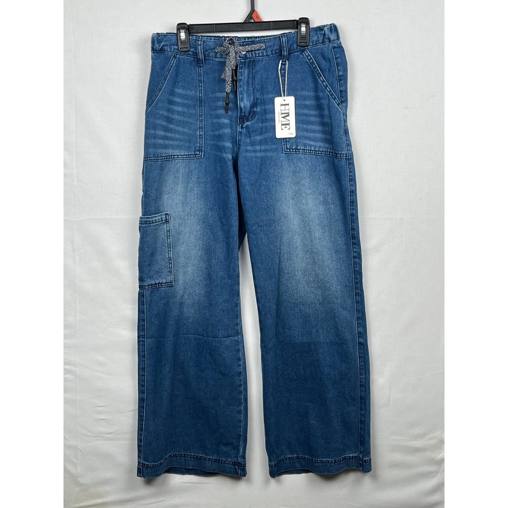 HME Wide Leg Cargo Jeans Womens XL Drawstring Elastic Waist Medium Wash Blue